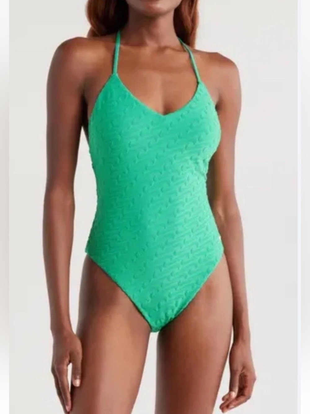 Nike Swim Woman’s Green One Piece Swimsuit Size Small  Jacquard logos Cheeky